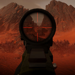 Firing rifle with scope aiming at a desert landscape